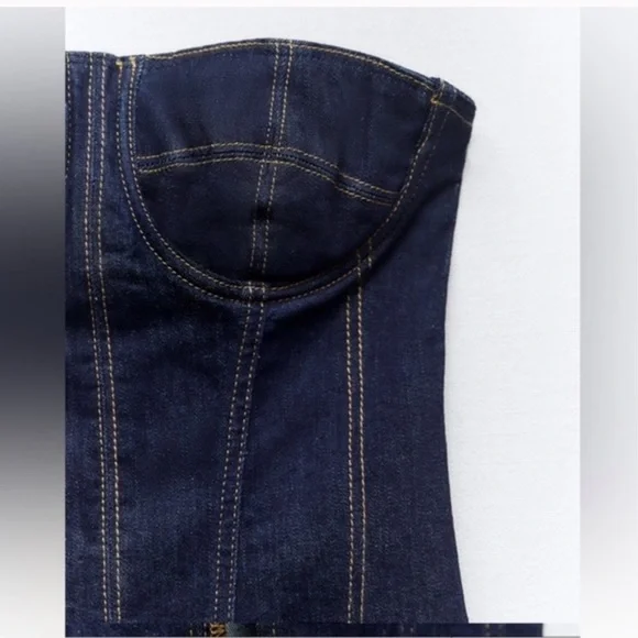 NWT Zara Blue Denim Midi Bustier Corset Party Dress Medium - Picture 7 of 16